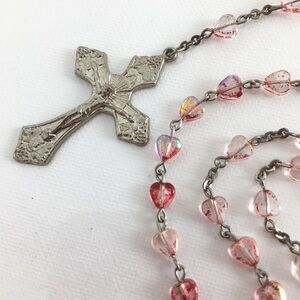Vintage Pink AB Glass Hearts Rosary Beaded Silver Tone Cross Signed Autom